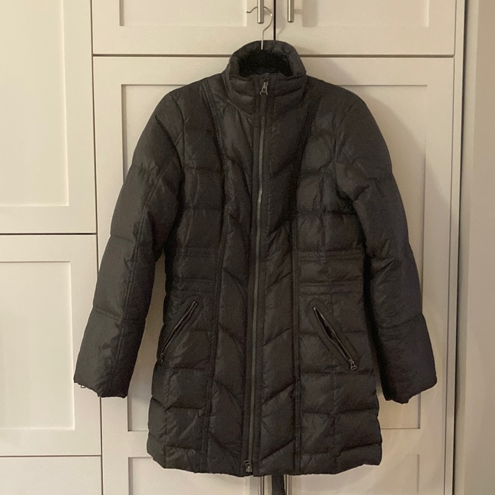 Prana Medium Length Grey Easy Care Down-Filled Nylon Front Zip Coat Size M